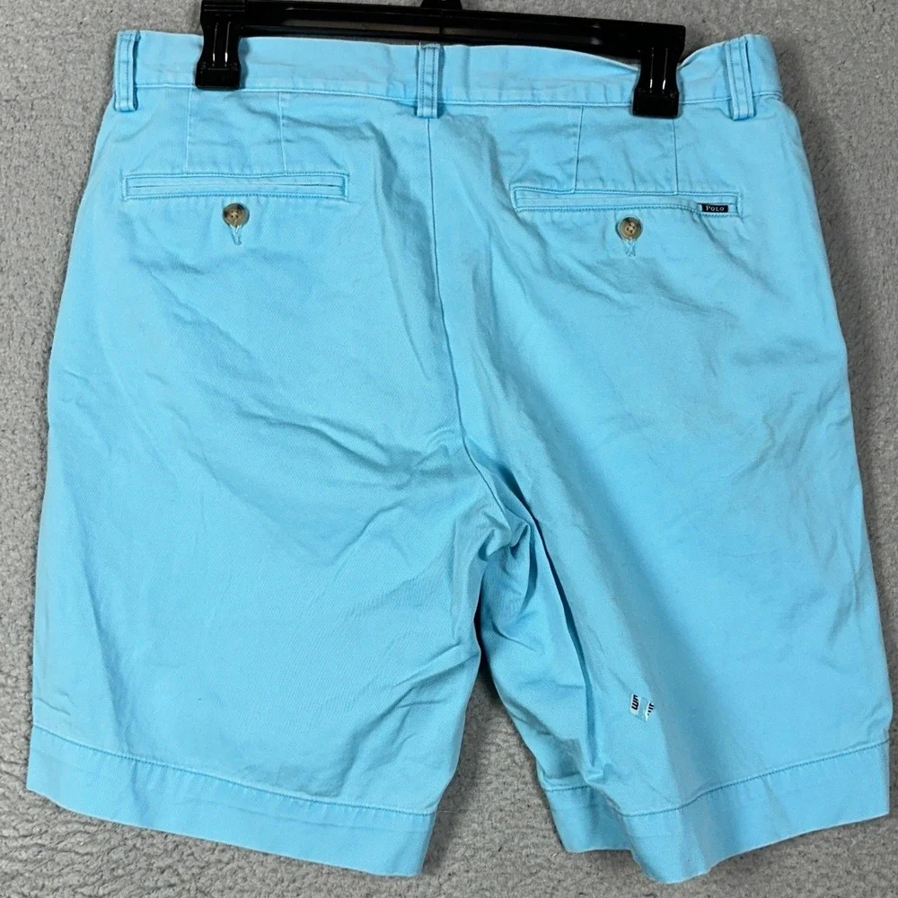Polo Ralph Lauren Shorts Mens 32X9 Light Blue Khaki Chino Casual Flat Front Logo